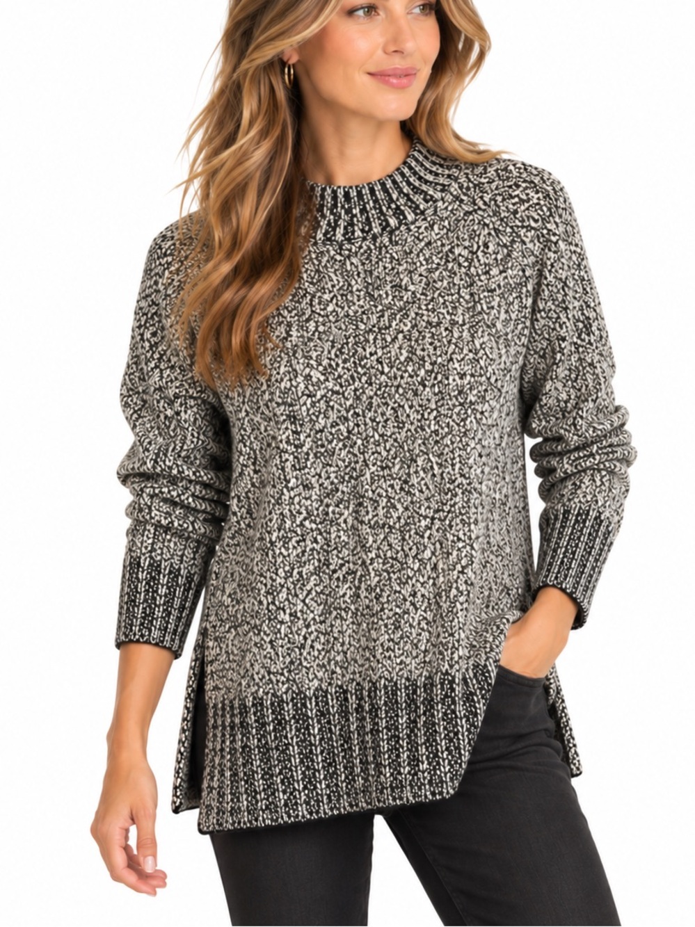 Rag & Bone Black & Ivory Marled Wool Blend Mock Neck Sweater Size Large